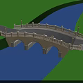 Red Arch Bridge Spanning Blue River With White Railings And Green Grass