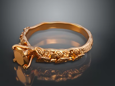 Elegant Gold Ring With Carved Floral Patterns And Square Gemstone Design 3d model