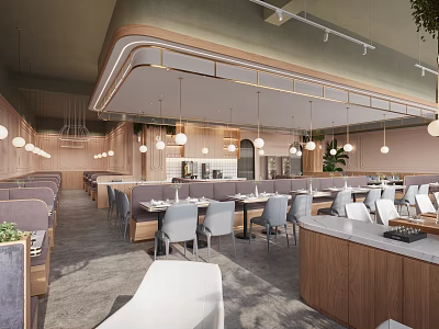 Elegant Modern Restaurant Interior With Open Layout Pendant Lights Green Plants And Warm Tones 3d model