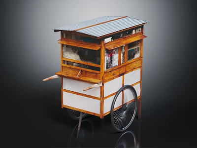 Traditional Wooden Vendor Cart With Glass Windows White Panels Metal Roof And Wheel 3d model
