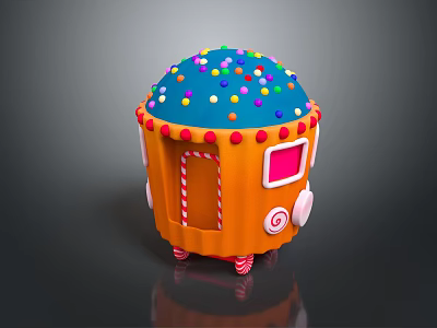 Playful Cupcake Shaped Vehicle With Orange Body Blue Frosting Colorful Sprinkles Red Dots Striped Wheels 3d model
