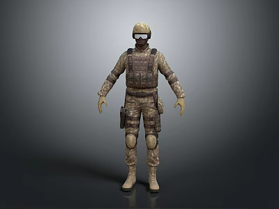 3D Tactical Character Model in Camouflage Uniform With Helmet Goggles Bulletproof Vest and Knee Pads 3d model
