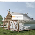 Glamping Tent With Wooden Frame And Canvas Roof In Natural Grassland Environment