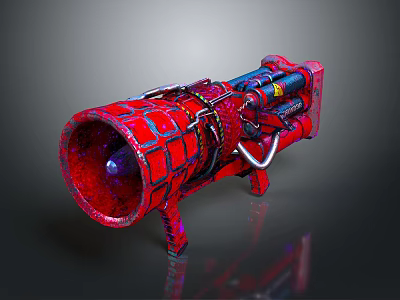 Red Mechanical Weapon with Horn Shaped Front Metal Chains and Stand Base 3d model