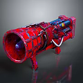 Red Mechanical Weapon with Horn Shaped Front Metal Chains and Stand Base