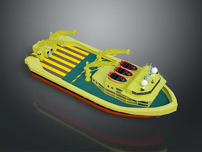 Yellow Water Transport Vehicle With Striped Deck And Functional Crane Equipment 3d model
