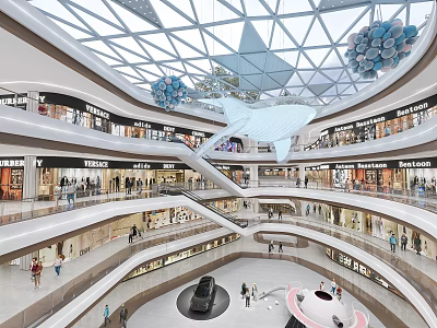 Shopping Mall Stores Multi Level Interior With Glass Dome Ceiling Decorative Balloons And Paper Plane 3d model