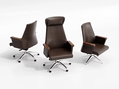 Brown Leather Office Chair In Three Angles With Metal Base And Swivel Wheels Design 3d model