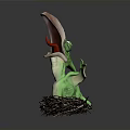 Mythical Green Creature Standing In Nest With Long Beak And Large Eyes