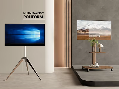 Two Televisions in Modern Interior with Tripod Stand and Wheeled Wooden Cart Screen 3d model