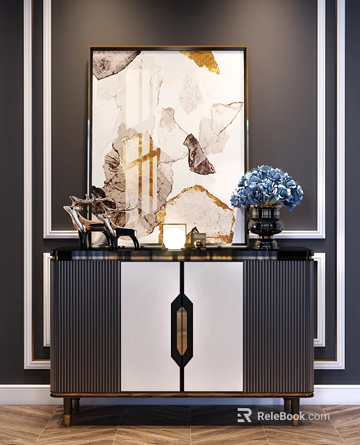 Modern Console Table Sideboard With Artwork Blue Hydrangea Vase Decorative Deer Figurine Lamp 3d model