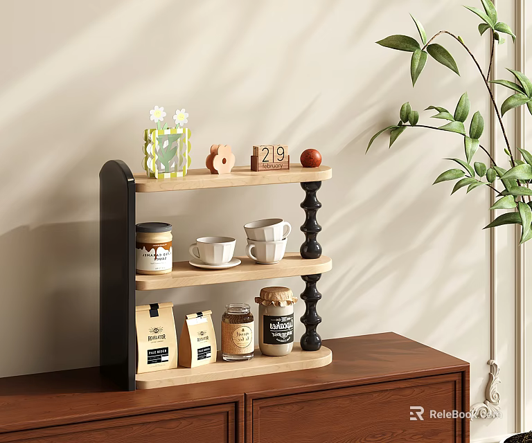 Wooden 3 Tier Kitchen Storage Shelf With Cups Jars And Decorative Plants 3d model 