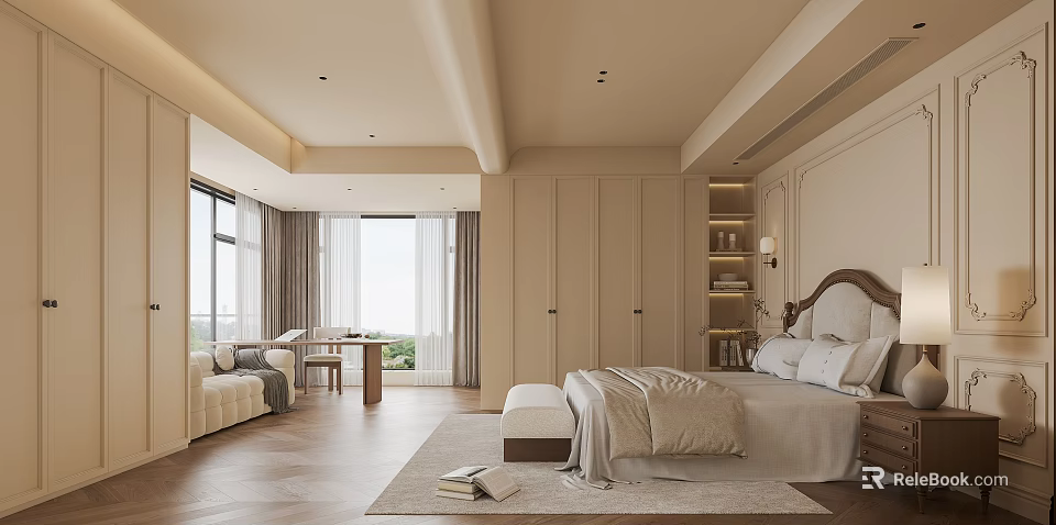 Elegant Modern Bedroom With Large Windows White Bed Beige Wardrobe Wooden Flooring Sofa And Desk 3d model 