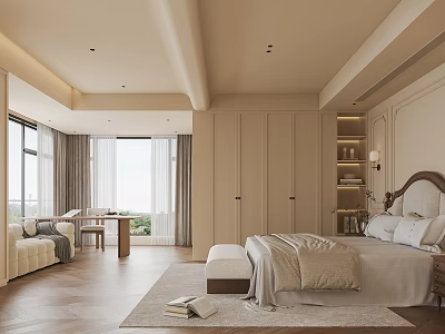 Elegant Modern Bedroom With Large Windows White Bed Beige Wardrobe Wooden Flooring Sofa And Desk 3d model