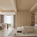 Elegant Modern Bedroom With Large Windows White Bed Beige Wardrobe Wooden Flooring Sofa And Desk