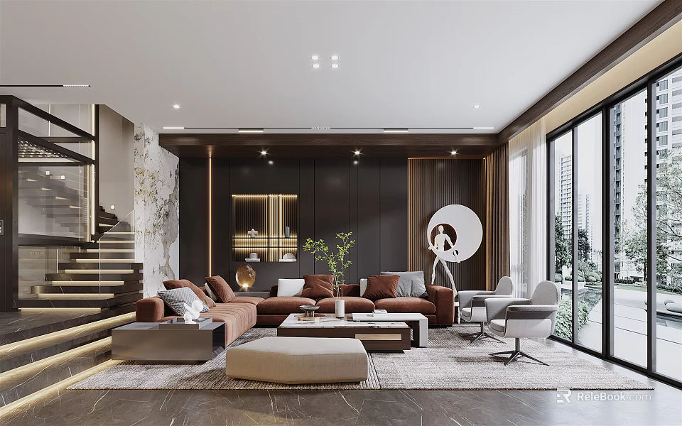 Modern Living Dining Room Interior With Brown Sofa Large Windows And Round Mirror 3d model 