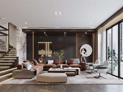 Modern Living Dining Room Interior With Brown Sofa Large Windows And Round Mirror 3d model
