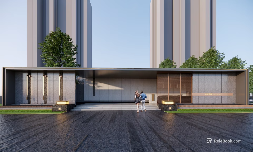 Modern Entrance Gate With Tall Buildings Steps People Green Trees And Lighting 3d model 
