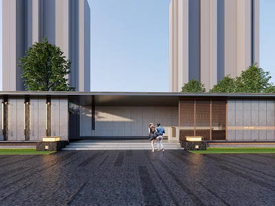 Modern Entrance Gate With Tall Buildings Steps People Green Trees And Lighting 3d model