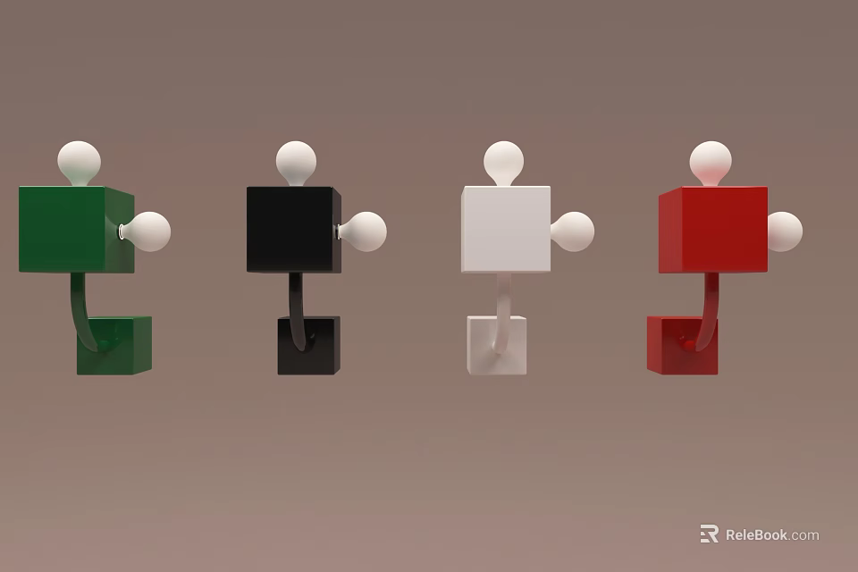 Colorful Abstract Block Sculptures With White Spheres And Curved Bases In Green Black White Red 3d model 