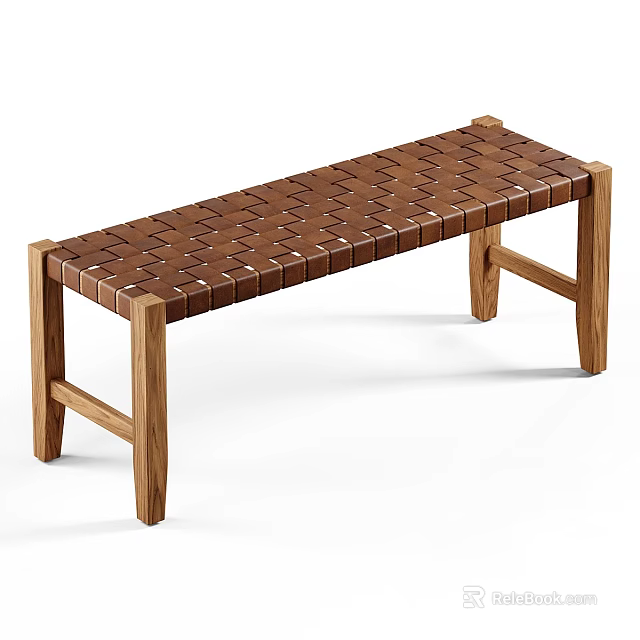 Modern Wooden Bench With Woven Seat And Sturdy Wood Frame Legs 3d model 