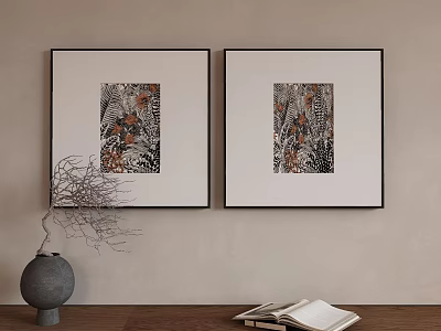 Two Framed Abstract Paintings on Wall with Vase and Books Home Decor 3d model