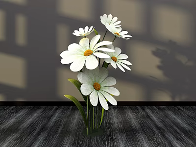 Floral Display With White Daisies In Vase On Dark Wooden Tabletop With Light Shadow Effects 3d model