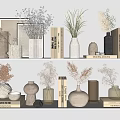 Modern Decorative Ornament Set with Vases Dried Flowers Books and Picture Frames on Shelves