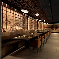 Rustic Modern Restaurant Interior With Wooden Seating And Pendant Lights 3d model