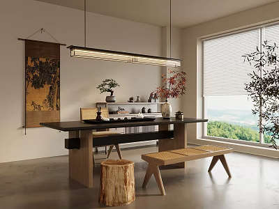 Modern Chinese Tea Table And Chairs Interior With Wooden Design Tea Sets And Window View 3d model