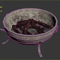 Vintage Metal Brazier Household Item with Burning Logs and Metal Stand