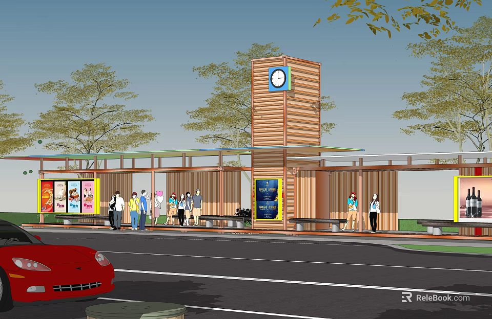 Wooden Bus Station With Clock Tower Waiting Benches Billboards Trees And Pedestrians Around 3d model 