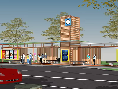 Wooden Bus Station With Clock Tower Waiting Benches Billboards Trees And Pedestrians Around 3d model