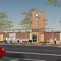 Wooden Bus Station With Clock Tower Waiting Benches Billboards Trees And Pedestrians Around