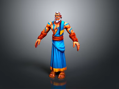 Mythical Bearded Male Character In Blue Robe With Orange Accents Muscular Build Standing Pose 3d model