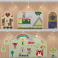 Kids Room Cartoon Wall With Wooden Frame Colorful House Animal Rainbow Flower Designs 3d model