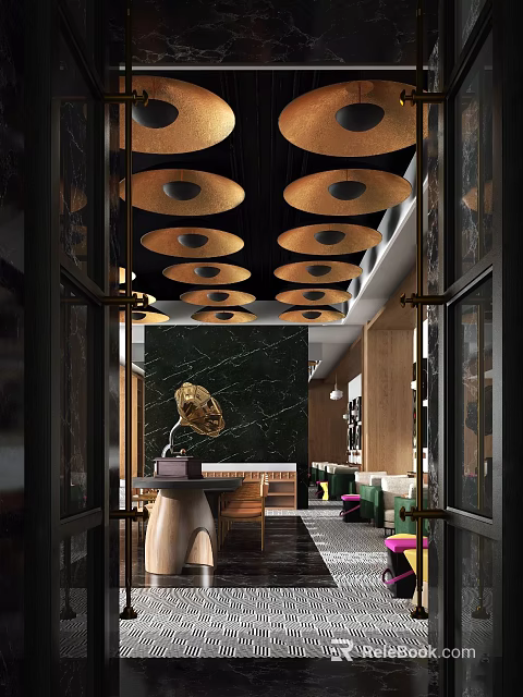 Elegant Black Gold Restaurant Interior With Vintage Gramophone Marble Wall And Circular Pendant Lights 3d model 
