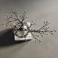 Clear Glass Vase With Willow Branches On White Marble Base Against Gray Background 3d model