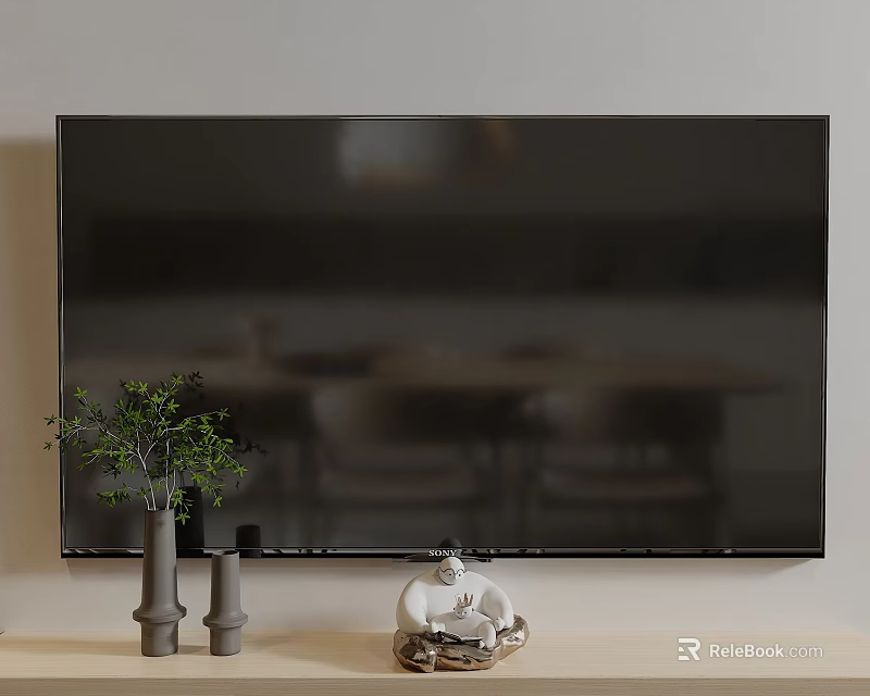 Wall Mounted TV In Living Room With Decorative Vases Green Plant And White Figurine 3d model 