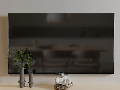 Wall Mounted TV In Living Room With Decorative Vases Green Plant And White Figurine 3d model