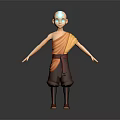 Bald Young Game Movie Character In Yellow Tunic Brown Pants Red Shoes And Orange Sash