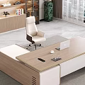 Modern Office Desk With White Chair Glass Bookcase Decorations Plant Sculpture And City View