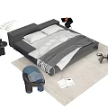 Modern Double Bed Bedroom With Gray Frame White Sheets Gray Blanket Rug And Side Table 3d model