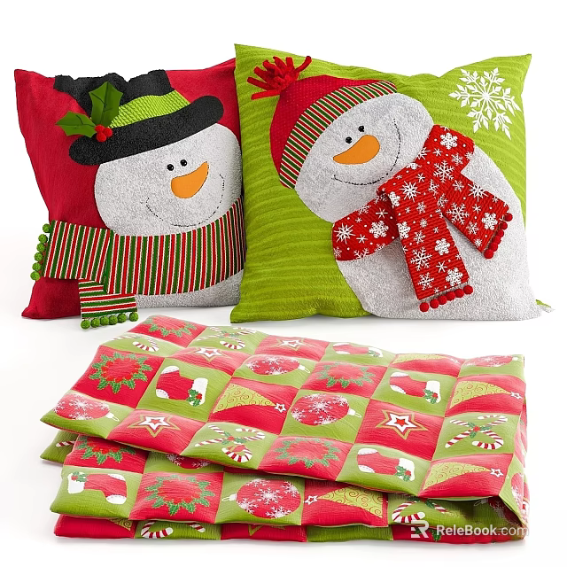 Festive Snowman Decorative Pillows in Red and Green with Scarf Snowflake Patterns for Winter 3d model 