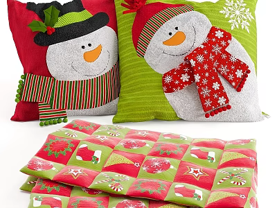 Festive Snowman Decorative Pillows in Red and Green with Scarf Snowflake Patterns for Winter 3d model
