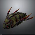 Vibrant Fantasy Creature With Green Body Red Stripes Orange Spikes And Red Eyes