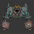 Rusted Teal And Orange Mechanical Character With Red Arm Structures And Mechanical Design