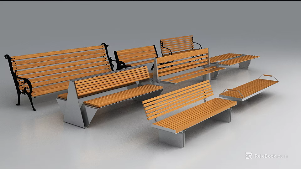 Wooden Outdoor Benches with Metal Frames Modern Design for Park Garden Use 3d model 