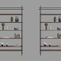 Modern Industrial Shelving Units With Metal Frames And Wooden Shelves Displaying Vases Bowls And Books