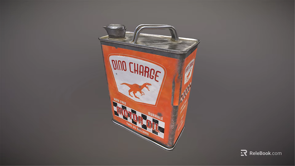 Dino Charge Industrial Metal Fuel Canister With Orange Body Dinosaur Logo And Checkered Pattern 3d model 